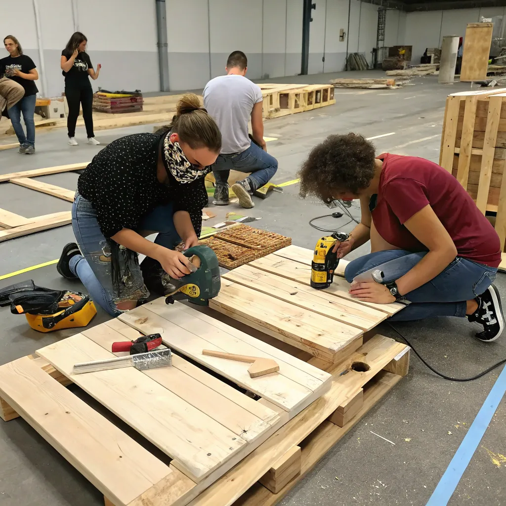 Participants working on pallet furniture during a workshop